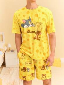 TOM & JERRY X SHEIN Men's Cute Cartoon & Cheese Print Short Sleeve Top And Shorts Pajama Set, Summer