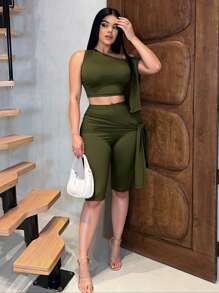 SHEIN SXY 两件套橄榄绿纯色性感复古休闲高弹力不对称系带露脐上衣和紧身七分裤 - 軍綠色 - 查看 3