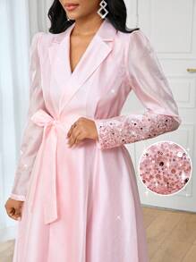 Fleurora 春夏休闲优雅波西米亚风大码女式通勤圆领波浪领口紧身印花中长大码连衣裙 - 粉色 - 查看 3