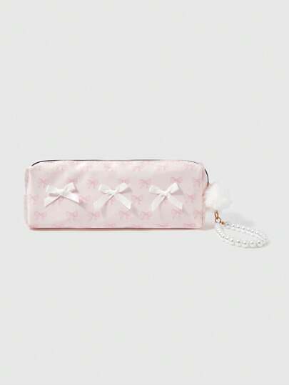 Kawaii Estuche cosmético pequeño y portátil con patrón de mariposa, bolsa de maquillaje y estuche para lápices con cadena, color rosa