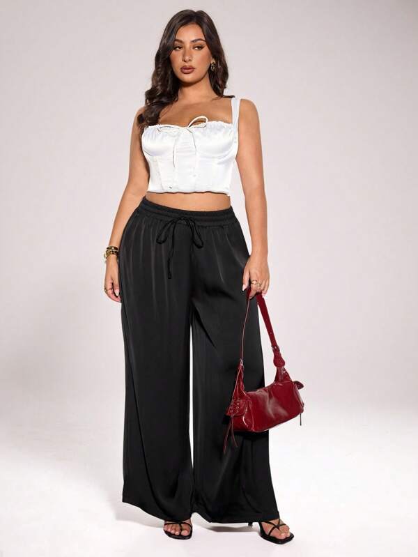 SHEIN BAE Plus Size Women Black Fashionable & Elegant Drawstring Waist Wide Leg Pants,Trousers For Women,Satin Trousers
