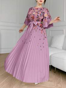 Modelyn 女士花卉印花腰带连衣裙，褶饰细节，优雅