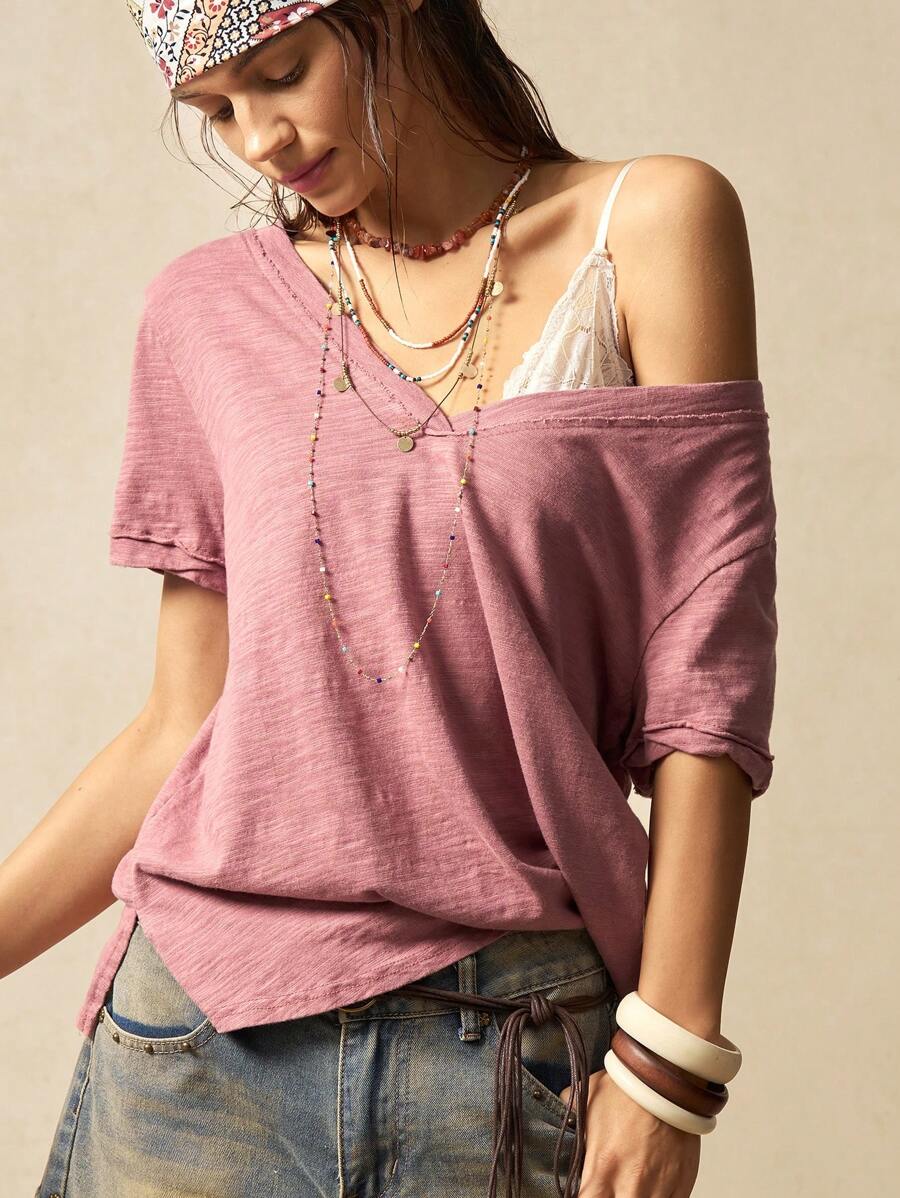 Bohemela 休闲纯色V领短袖宽松水洗女式T恤 - 珊瑚粉 - 查看 1