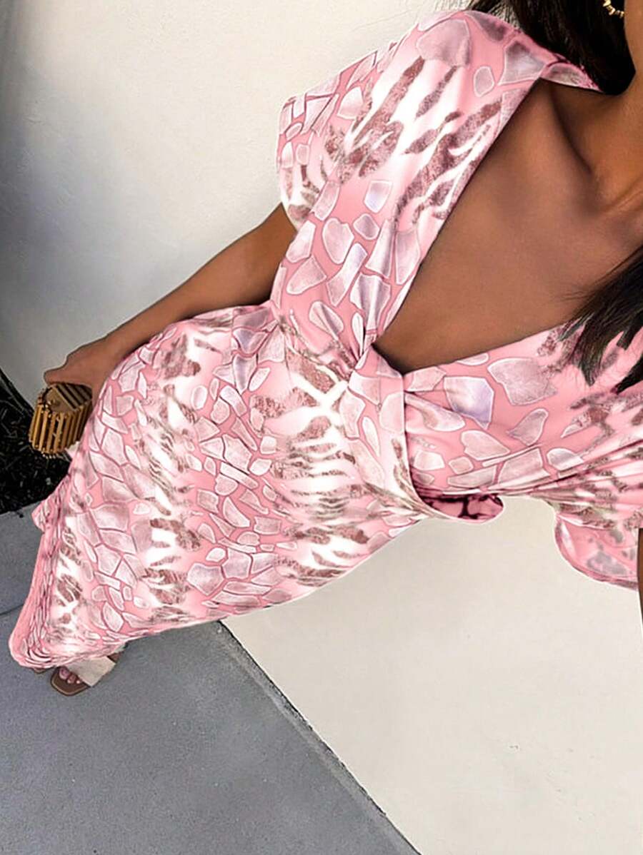 SHEIN Clasi 女士随机印花休闲连衣裙，时尚夏装 - 粉色 - 查看 1