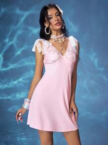 ROMWE Kawaii Women's Summer Elegant Lace Patchwork Mini Dress - Pink - View 1