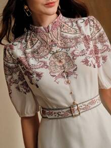 Anewsta Váy đi nghỉ ngắn tay thắt eo họa tiết Paisley cho nữ - Màu be - Xem 1