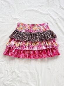 Soleia WYWH Women's Casual Vacation Multi-Layer Ruffle Mini Skirt, Paisley Print Mini Skirt - Hot Pink - View 2