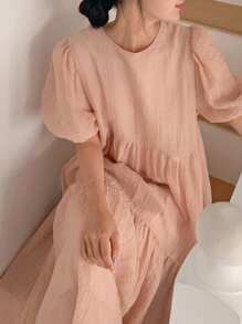 DAZY Women's Solid Color Chiffon Round Neck Lantern Short Sleeve Loose Pink Long Dress, Summer,Casual Women Dresses