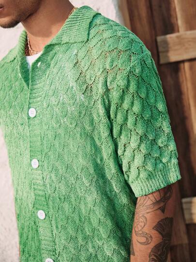 Street Life Cárdigan de punto jacquard con efecto degradado, estampado de huella dactilar y calado para hombre