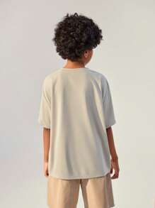 SHEIN 返校休闲户外运动短袖T恤，儿童圆领趣味数字印花户外休闲运动短袖T恤 - 杏色 - 查看 2