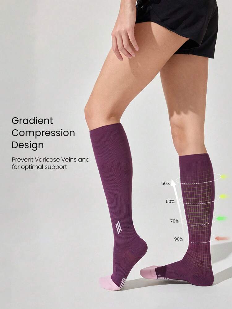 2 Pair Energy Boost Breathable Compression Seamless Toe Knee-High Active Socks Medium High Impact Running Jogging Training Gym Workout