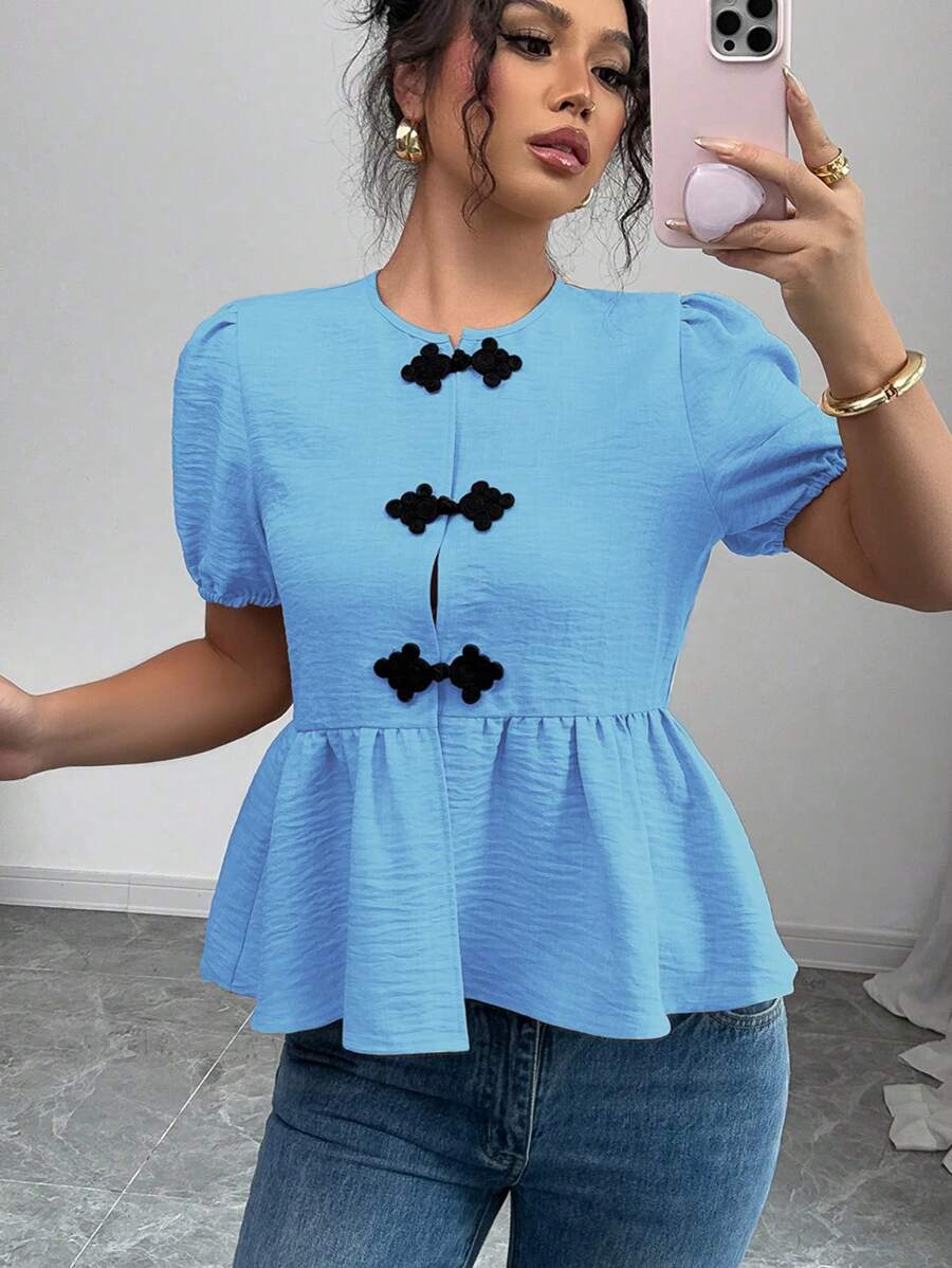 Chiquease Casual Versatile Solid Color Round Neck Lantern Sleeve Button Women Blouse - Blue - View 1