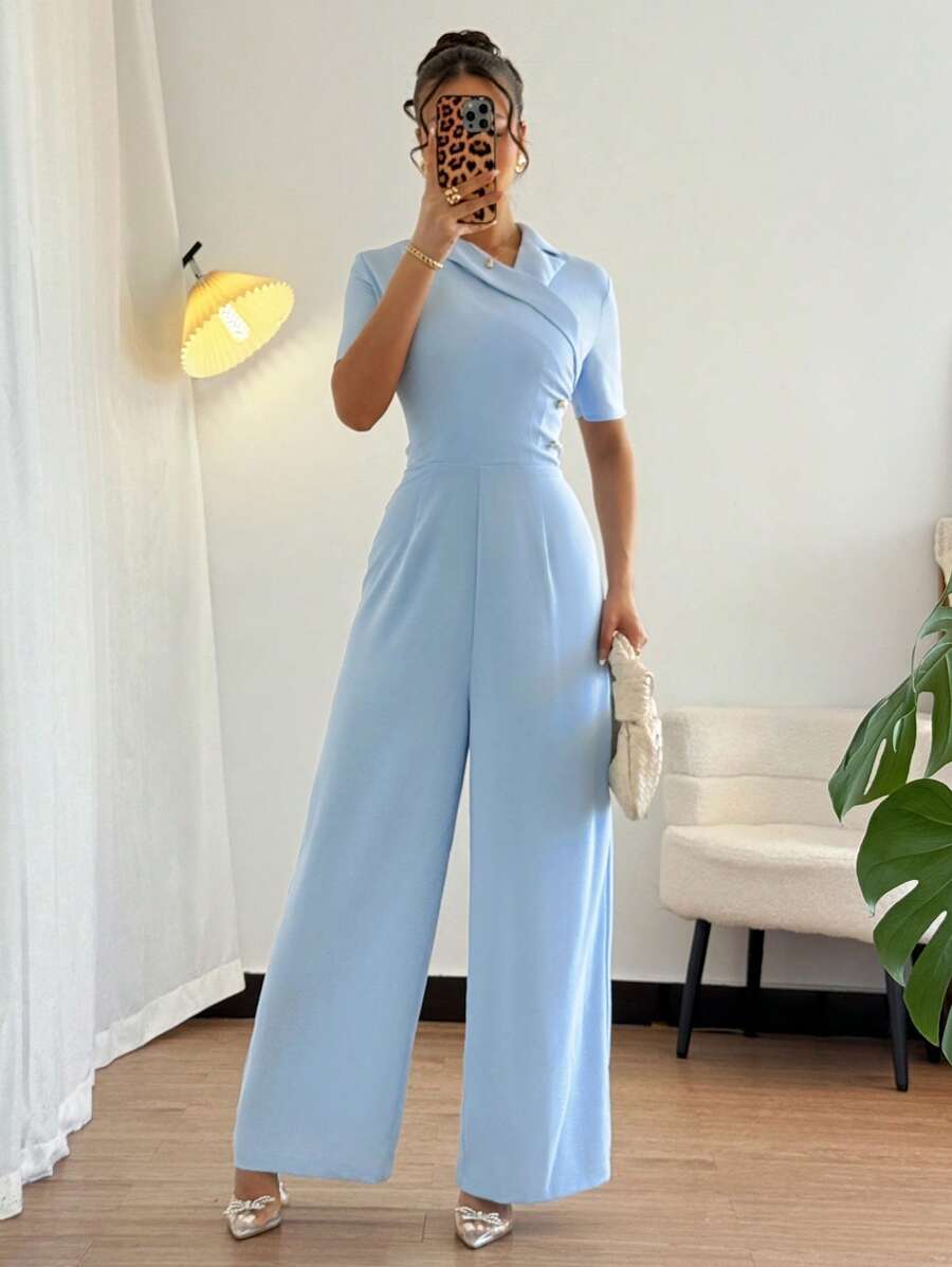 优雅法式设计编织翻领常规夏季新款蓝色女式连体裤 - 藍色 - 查看 1