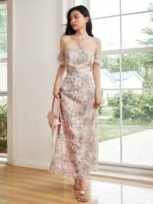 Celisse Vestido de verano nuevo romántico con estampado floral para vacaciones (Patrón floral asimétrico) para mujer