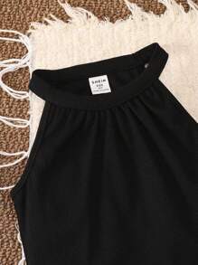 2pcs Young Girl Solid Knitted Sleeveless Top And Leopard Print Shorts Set - Black - View 5