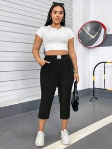 SHEIN Essnce Plus Size Casual Versatile Solid Color High-Waisted Tapered Pants - Black - View 4