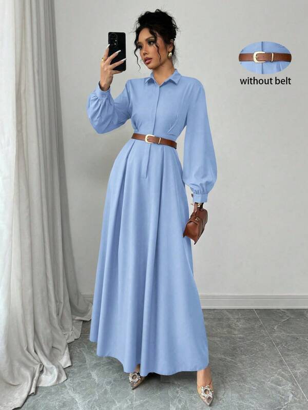 Elenzga Elegant Commute Solid Color Lantern Sleeve Dress, Autumn Maxi Women Outfit