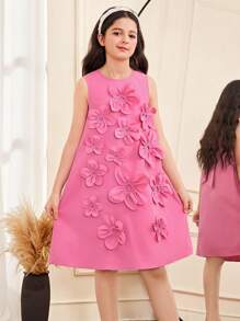 SHEIN Tween Girl Casual Simple Stand Collar Dress With 3D Floral Decor - Hot Pink - View 3