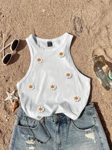 SHEIN EZwear Casual Round Neck Fitted Women Tank Top, 34% Cotton, Daisy Embroidery, Suitable For Summer,Embroidery,Springbreak ,Brunch-Ready Back To School - White - View 7