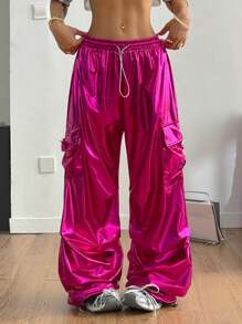 Coolane Women's Summer Streetwear Going Out Fashionable Drawstring High Waist Wide Leg Cargo Pants With Holographic Effect - Hot Pink - View 3