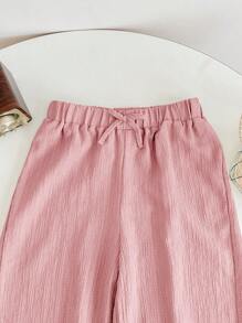 SHEIN LMoss Kids Pantalones anchos de pierna ancha con cintura elástica con cordón de tela texturizada para niñas preadolescentes