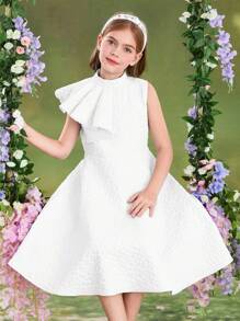 SHEIN Váy suông vừa vặn cổ đứng dệt jacquard cho bé gái tuổi mới lớn - trắng - Xem 5