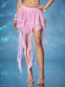 ROMWE Fairycore 女式复古美人鱼性感水母飘逸带贝壳吊坠不对称下摆半身裙 - 粉色 - 查看 4