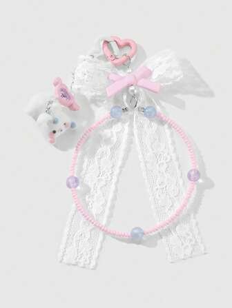 Kawaii 1 pieza Elegante y versátil, dulce y lindo, de alta calidad, hecho a mano con perlas rosas, adornado con strass, lazo de encaje blanco y colgante de conejo, llavero y accesorio para bolso, adecuado para mujeres y niñas, para uso diario o como regalo