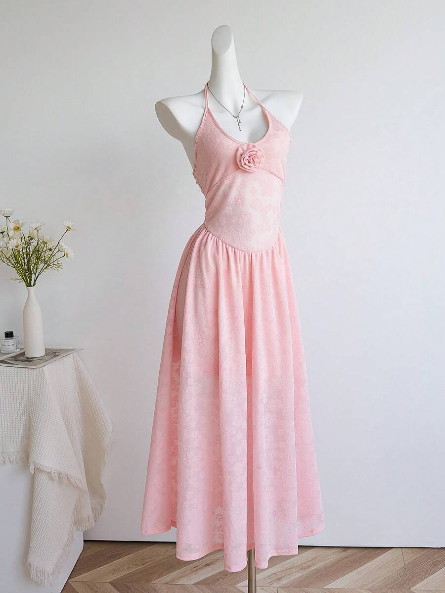 Flirla Gaun Pink Model Halter dengan Pinggang Terikat, Nuansa Prancis yang Feminin dan Mewah - Berwarna merah muda - View 1