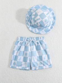 SHEIN 婴儿男童两件套沙滩装，可爱企鹅印花沙滩短裤，带遮阳帽 - 彩色 - 查看 5