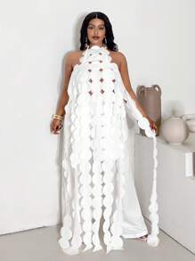 Veslaya White Romantic Laser Cut Top & Wide Leg Pants 2Pcs Set, Spring/Summer - White - View 3
