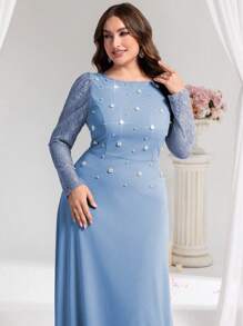 Coutiva Plus Size Elegant Bubble Bead Contrast Lace A-Line Party Dress, Formal, Gown, For Evening, Wedding Guest