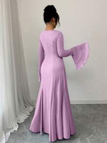 Rafferiza Blue Square Neck Layered Ruffle Sleeve Flare Hem Long Dress For Women Fall Cloth For Women