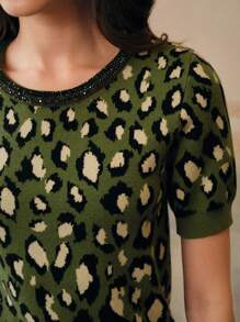 Anewsta 女士钻石链豹纹提花针织上衣 - 綠色 - 查看 2