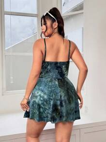 SHEIN EZwear Bộ đồ liền thân dây buộc nhuộm thời trang mùa hè cỡ lớn - màu đen - Xem 2