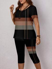 EMERY ROSE 2pcs/Set Plus Size Women Summer Casual Striped Round Neck Short Sleeve Top And Leggings - Multicolor - View 5