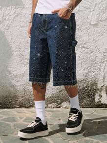 ROMWE MEN ROMWE Avant Men's Loose Fit Sparkling Diamond Decoration Denim Shorts - Blue - View 6