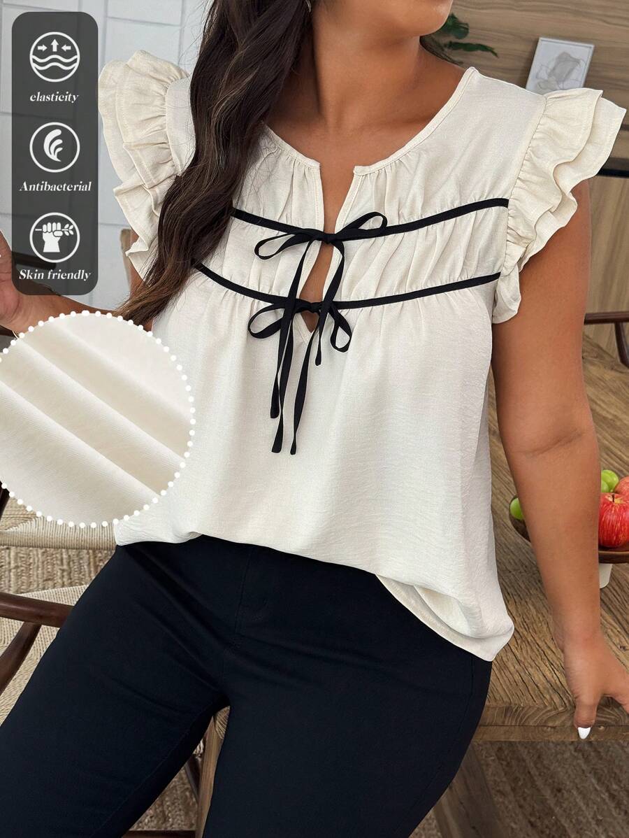 Weeklong Plus Size Tie Bowknot Contrast Color Ruffle Casual Vacation Shirt - Apricot - View 1