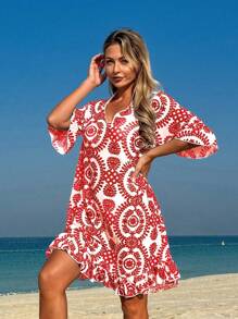 Swim Lushoire 女式夏季花卉印花V领宽松网眼罩衫连衣裙