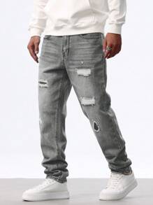 Manfinity Homme Men's Pockets With Distressed Straight Leg Casual Jeans