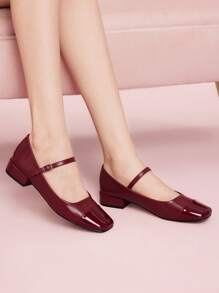 CUCCOO DOLLMOD Fashionable Maroon Mary Jane Chunky Heel Flats For Christmas Spring Shoes - Burgundy - View 5