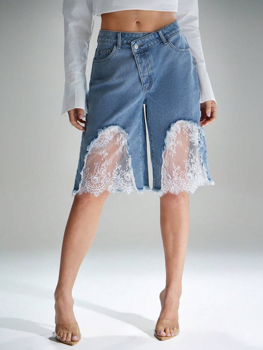 Denimoi Quần Jeans Jeans Denim Rách Viền Ren Cạp Bất Đối Xứng - Rửa nhẹ - Xem 1
