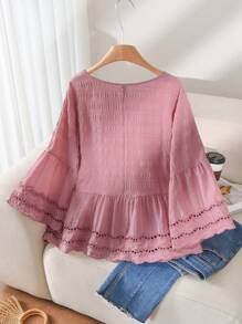 CosyJoli Plus Size Leisure Holiday Solid Color Hollow Embroidery Patchwork Shirt