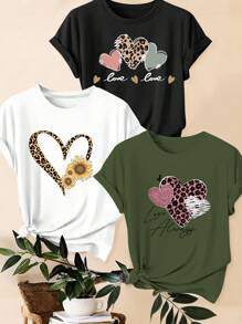 SHEIN LUNE 3件套大码女式夏季豹纹、心形和标语T恤休闲上衣 - 彩色 - 查看 1