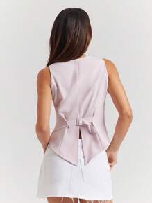 Top de verano casual y lindo con cuello en V profundo, ajustado y largo, con hebilla y abertura en la espalda - Rosa - Ver 2