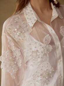MOTF PREMIUM ÁO BLOUSE & QUẦN SOOCLE HOA KHÔNG ĐỐI XỨNG NGỌC TRANG TRÍ NGỌC TRAI LYOCELL CHO VIỆC ĐI LẠI, MẶC HÀNG NGÀY, KỲ NGHỈ, MÙA XUÂN/HÈ - trắng - Xem 7