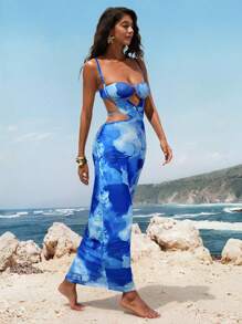 Opulessa Women All-Over Print Backless Spaghetti Strap Dress - Baby Blue - View 3