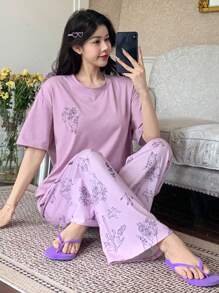 DAZY Rabbit Print Graphic Loose T-Shirt And Straight Pajama Pants 2-Piece Set For Women - Purple - View 4