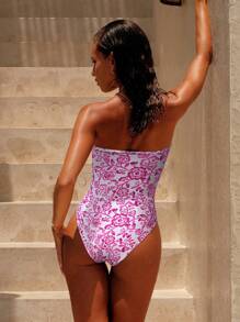 Swim Vcay Spring Break Women's Random Printed Ruched Bandeau One-Piece Swimsuit, Beach Holiday For Summer Beach Vacation - Hot Pink - View 3