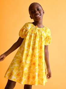 SHEIN Young Girls Tie-Bow Collar Mid-Sleeve Floral Print Dress - Multicolor - View 3